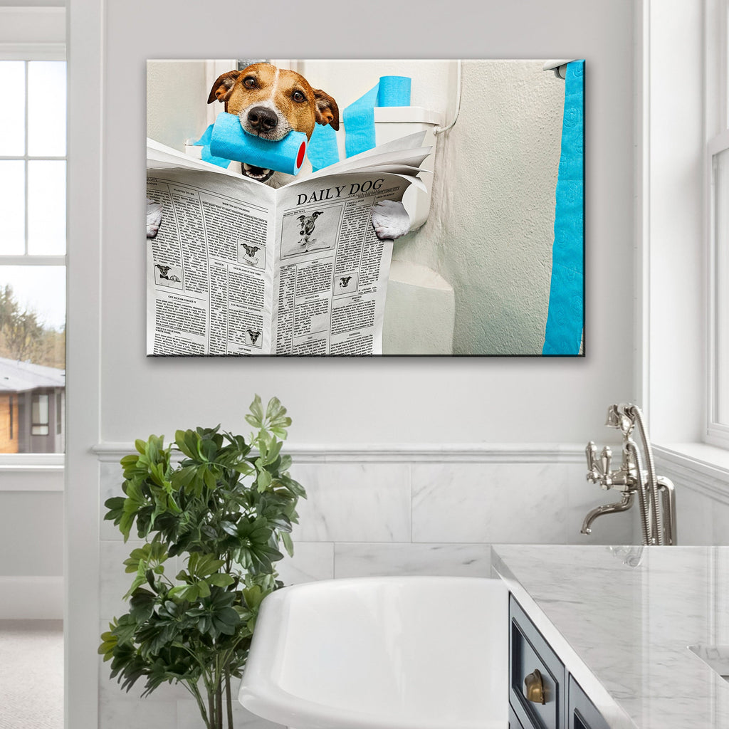 Dog Reading Newspaper On Toilet Canvas Wall Art