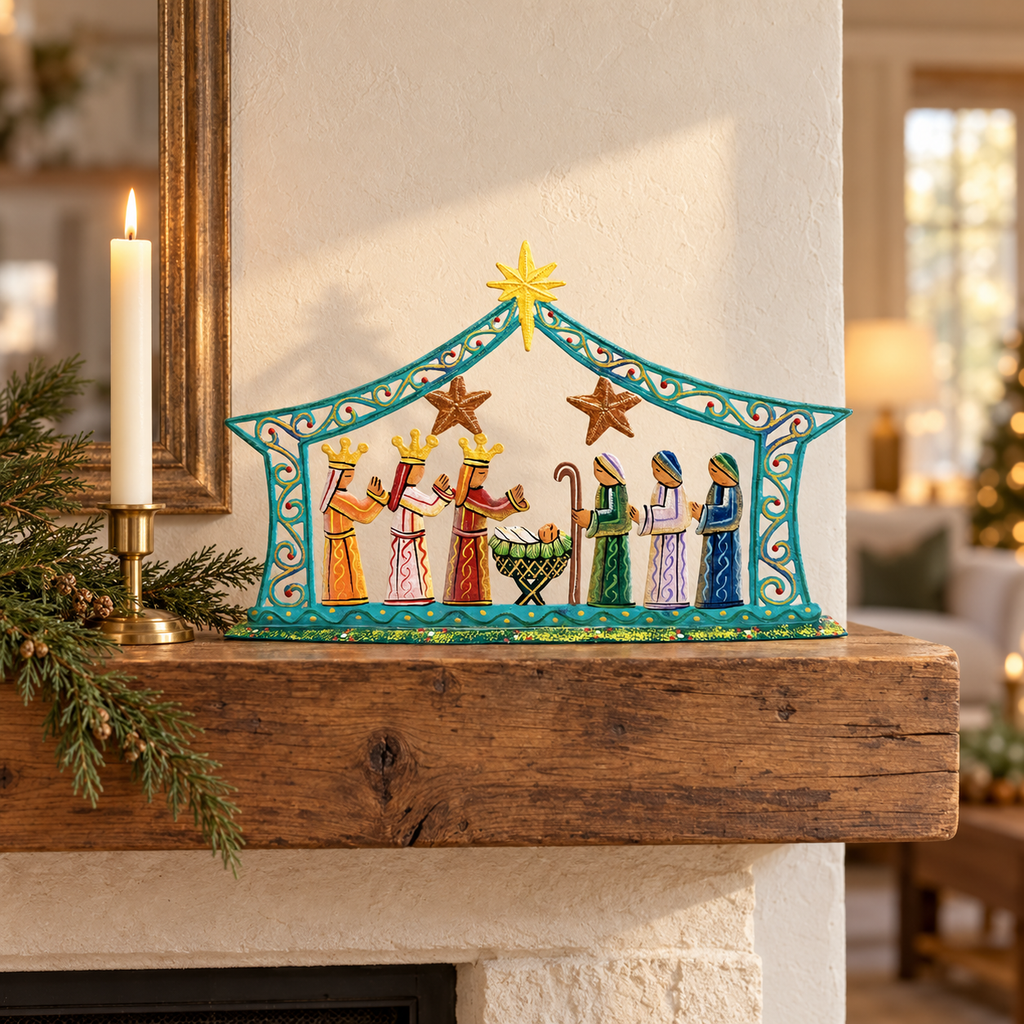 Turquoise Standing Nativity — Staff Favorite Handmade Steel Drum Haiti 16" | Fair Trade