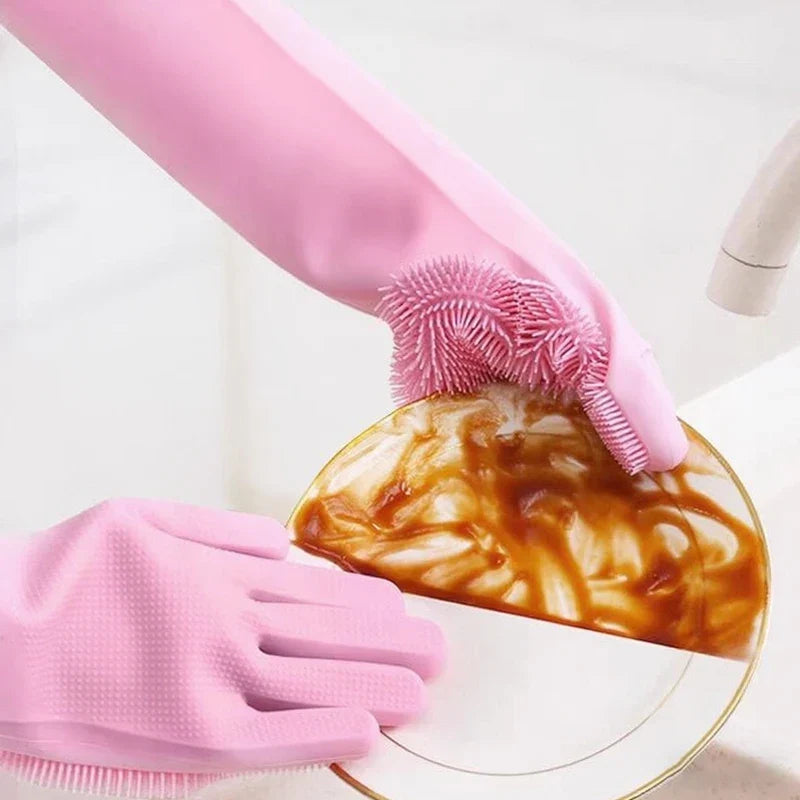 Dishwashing Cleaning Gloves Magic Silicone Rubber Dish Washing Gloves For Household Sponge Scrubber Kitchen Cleaning Tools