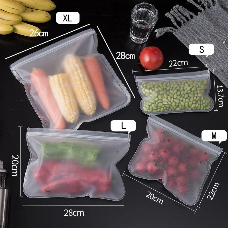 5pc Kitchen Accessories Fruit and Vegetable Silicone Bag Reusable Fresh-keeping Sealed Bag Refrigerator Food Storage Ziplock Bag