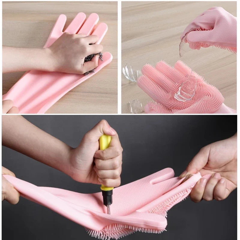Dishwashing Cleaning Gloves Magic Silicone Rubber Dish Washing Gloves For Household Sponge Scrubber Kitchen Cleaning Tools