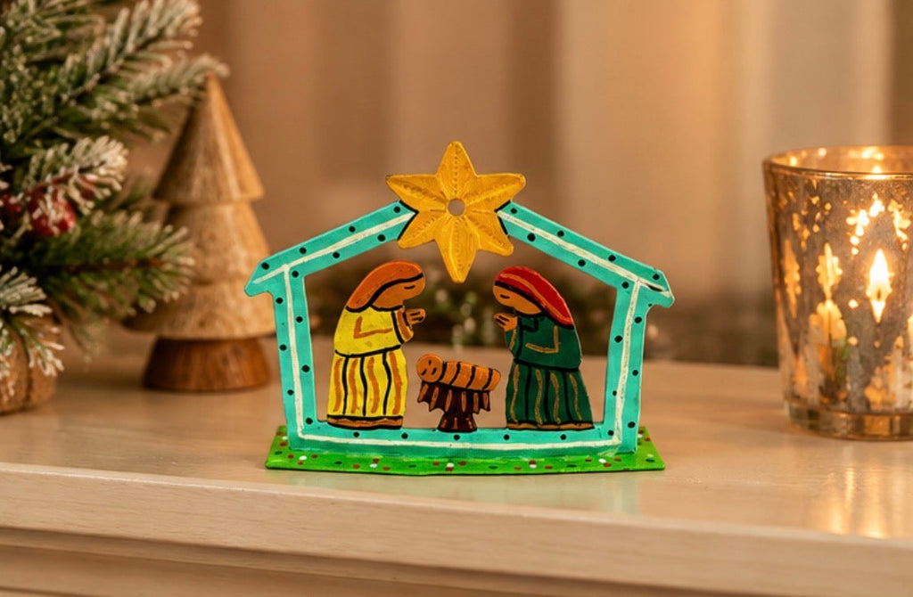 Small Painted Nativity — Turquoise | Haitian Steel Drum Metal Art | 4"