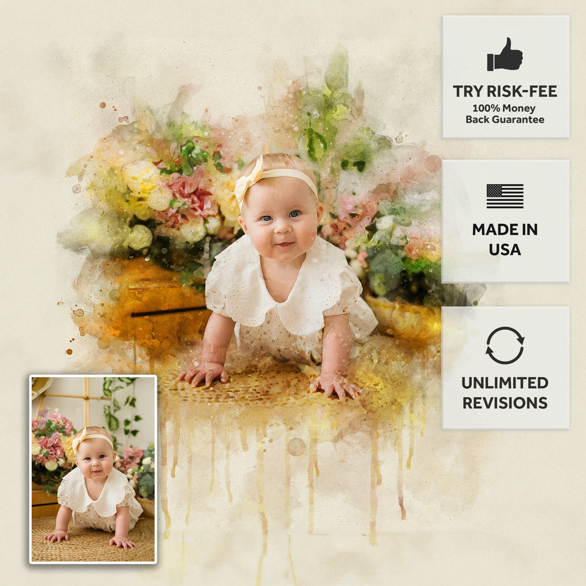 Newborn Baby Watercolor Portrait Custom Wall Art