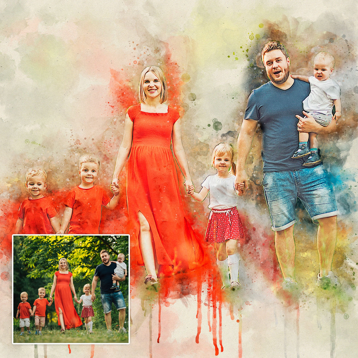 Family Watercolor Portrait Custom Wall Art