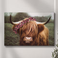 Retro Floral Crown Highland Cow Canvas Wall Art