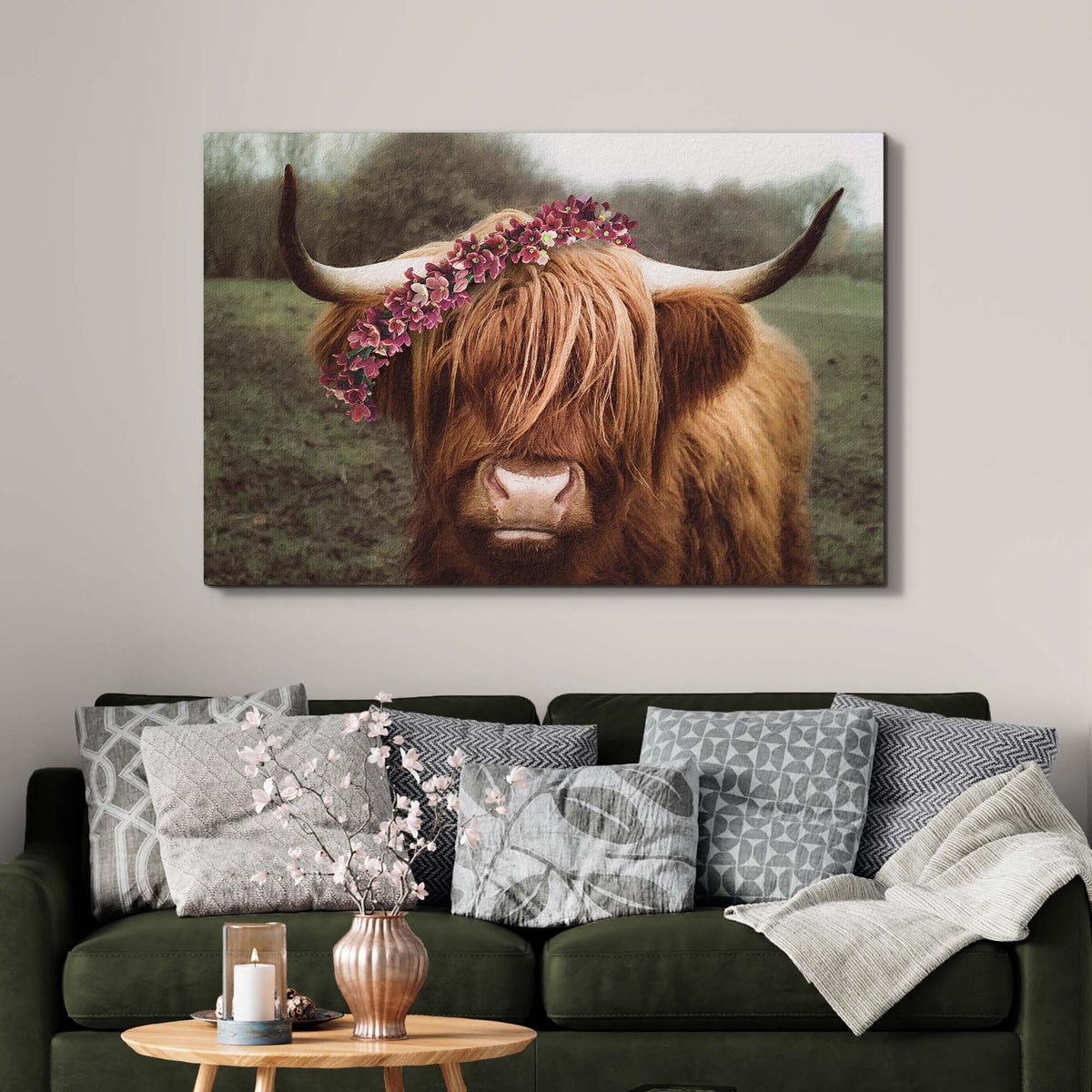 Retro Floral Crown Highland Cow Canvas Wall Art