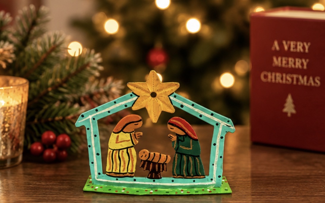 Small Painted Nativity — Turquoise | Haitian Steel Drum Metal Art | 4"
